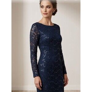 Betsy & Adam Navy Blue Sequin Lace Long Sleeve Dress - Size 10